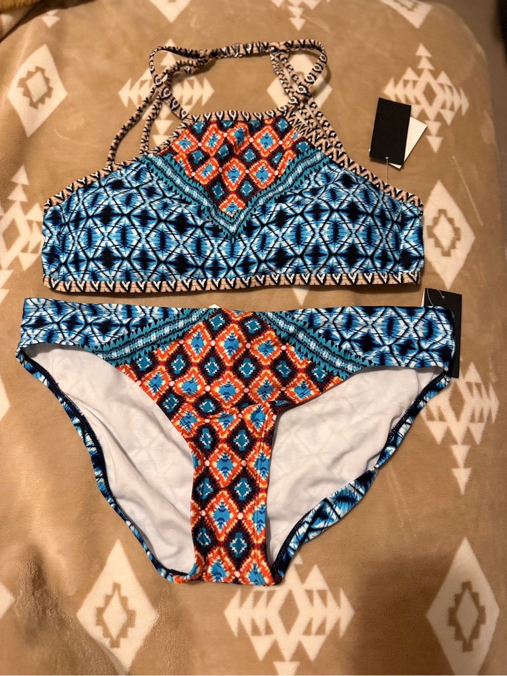 Kenneth Cole NY Blue Tribal Bikini Set NWT Large Coastal Resort Swim